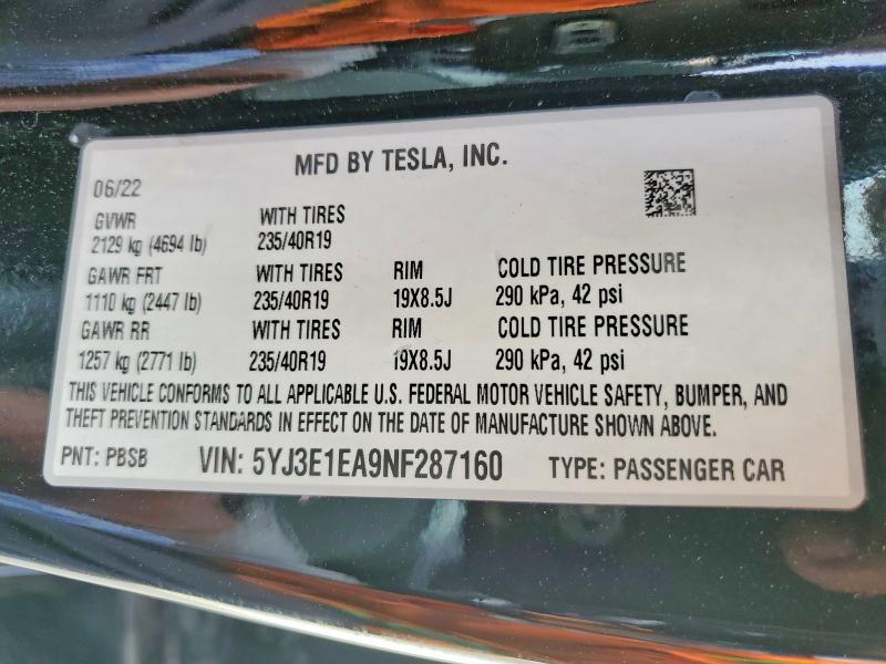 Продаж на аукціоні авто 2022 Tesla Model 3, vin: 5YJ3E1EA9NF287160, номер лоту: 49425066