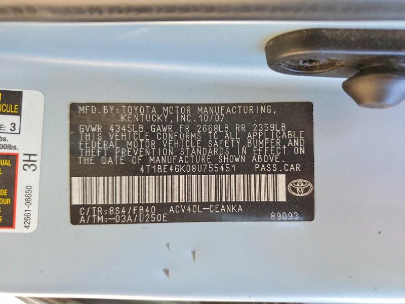 50405666 :رقم المزاد ، 4T1BE46K08U755451 vin ، 2008 Toyota Camry مزاد بيع