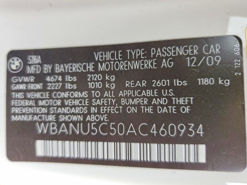 50608266 :رقم المزاد ، WBANU5C50AC460934 vin ، 2010 Bmw 528 مزاد بيع