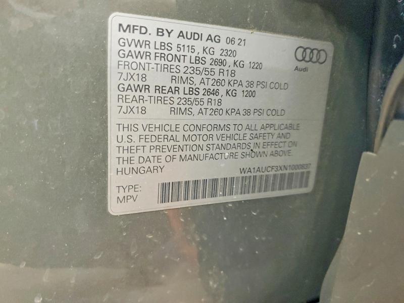 Продаж на аукціоні авто 2022 Audi Q3, vin: WA1AUCF3XN1000837, номер лоту: 51455416