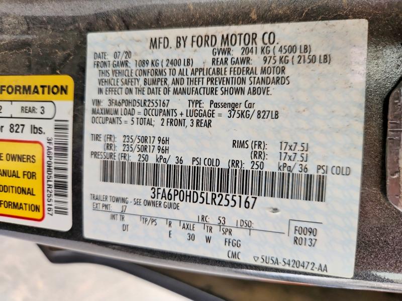 49379146 :رقم المزاد ، 3FA6P0HD5LR255167 vin ، 2020 Ford Fusion مزاد بيع