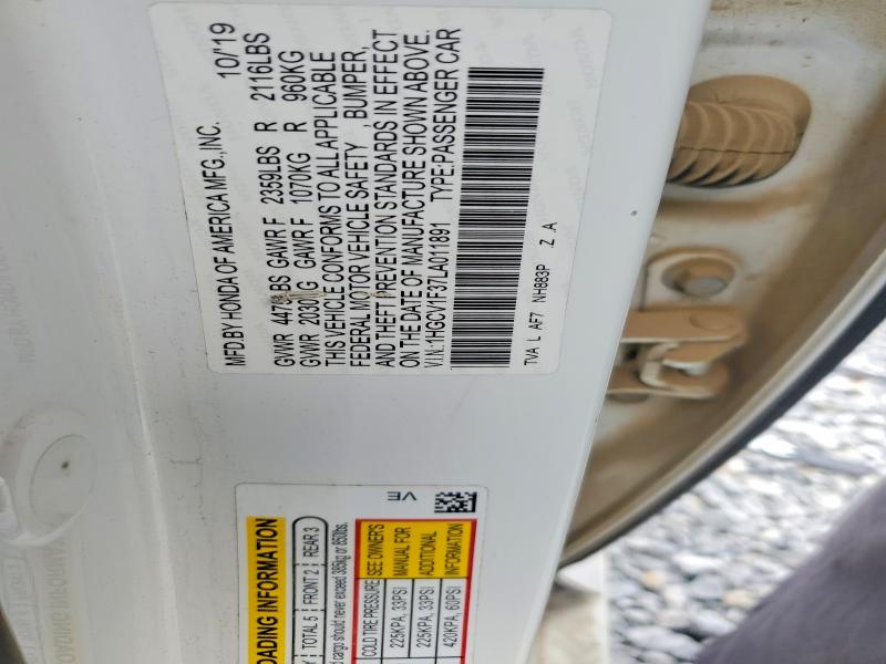 50975886 :رقم المزاد ، 1HGCV1F37LA011891 vin ، 2020 Honda Accord مزاد بيع