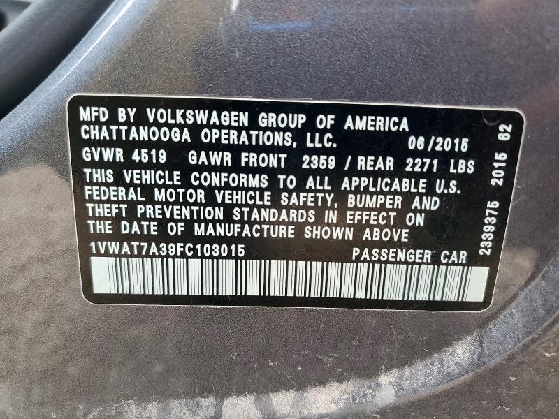 Aukcja sprzedaży 2015 Volkswagen Passat, vin: 1VWAT7A39FC103015, numer aukcji: 49379356
