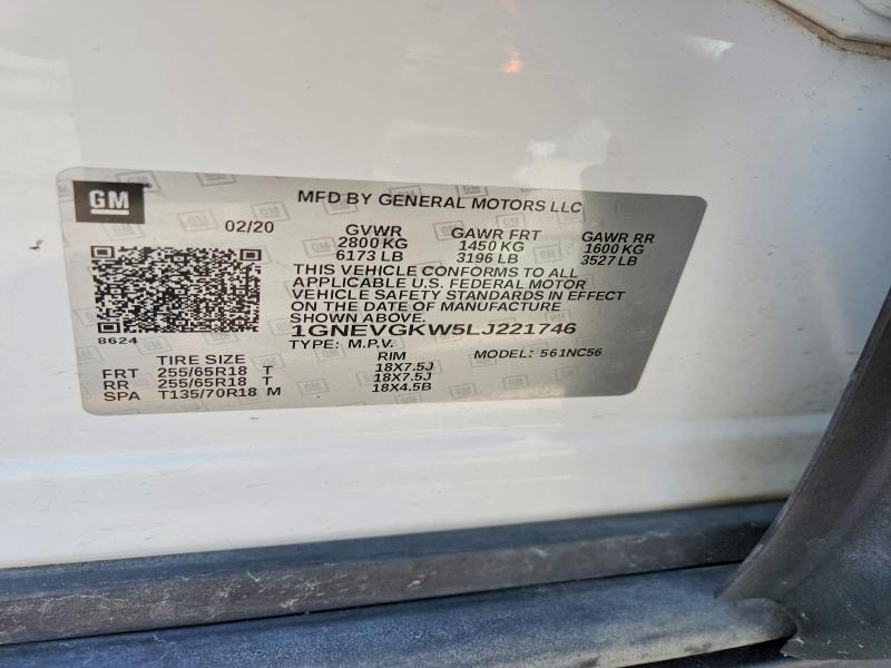50993836 :رقم المزاد ، 1GNEVGKW5LJ221746 vin ، 2020 Chevrolet Traverse مزاد بيع
