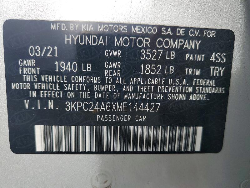 2021 Hyundai Accent მანქანა იყიდება აუქციონზე, vin: 3KPC24A6XME144427, აუქციონის ნომერი: 49455436