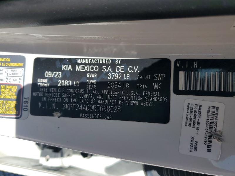 50828546 :رقم المزاد ، 3KPF24AD0RE698028 vin ، 2024 Kia Forte مزاد بيع