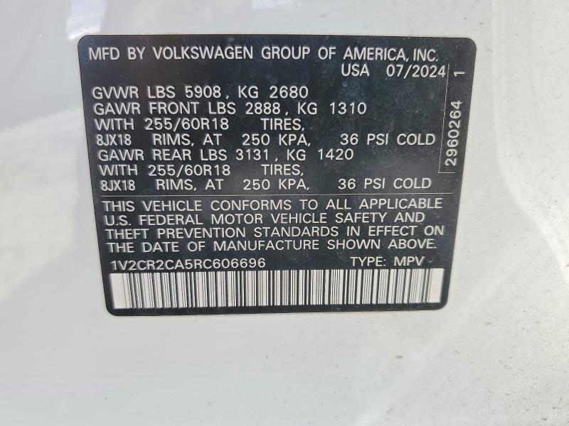 2024 Volkswagen Atlas მანქანა იყიდება აუქციონზე, vin: 1V2CR2CA5RC606696, აუქციონის ნომერი: 48431006