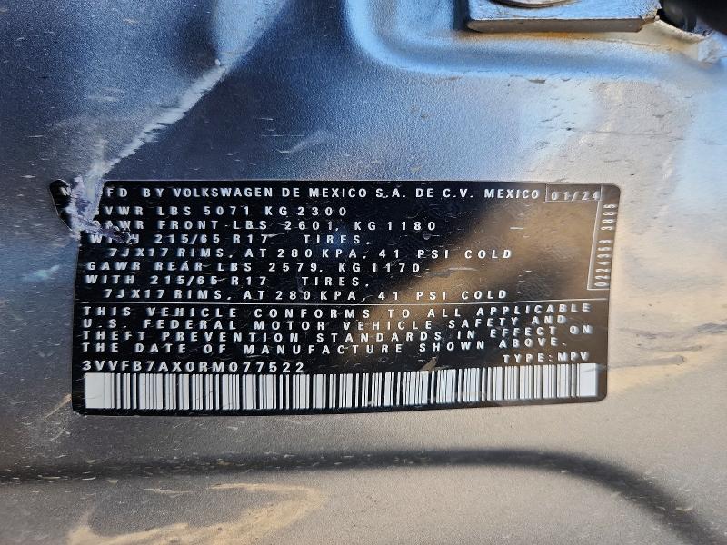 2024 Volkswagen Tiguan მანქანა იყიდება აუქციონზე, vin: 3VVFB7AX0RM077522, აუქციონის ნომერი: 50490686