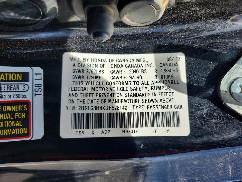 Auction sale of the 2013 Honda Civic, vin: 2HGFG3B8XDH528142, lot number: 50599986
