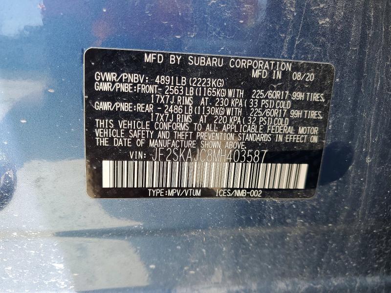 2021 Subaru Forester მანქანა იყიდება აუქციონზე, vin: JF2SKAJC8MH403587, აუქციონის ნომერი: 50451716