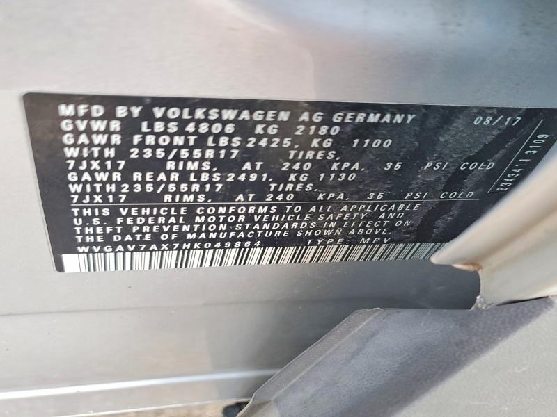 47758036 :رقم المزاد ، WVGAV7AX7HK049864 vin ، 2017 Volkswagen Tiguan مزاد بيع