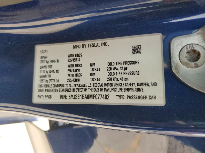 Продажа на аукционе авто 2021 Tesla Model 3, vin: 5YJ3E1EA0MF077402, номер лота: 50005856
