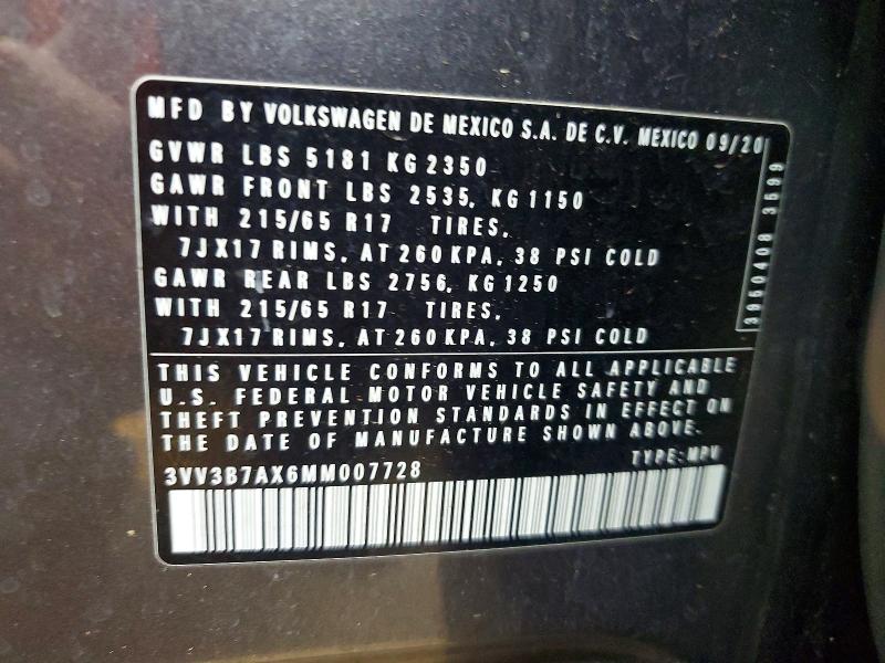 48563856 :رقم المزاد ، 3VV3B7AX6MM007728 vin ، 2021 Volkswagen Tiguan مزاد بيع