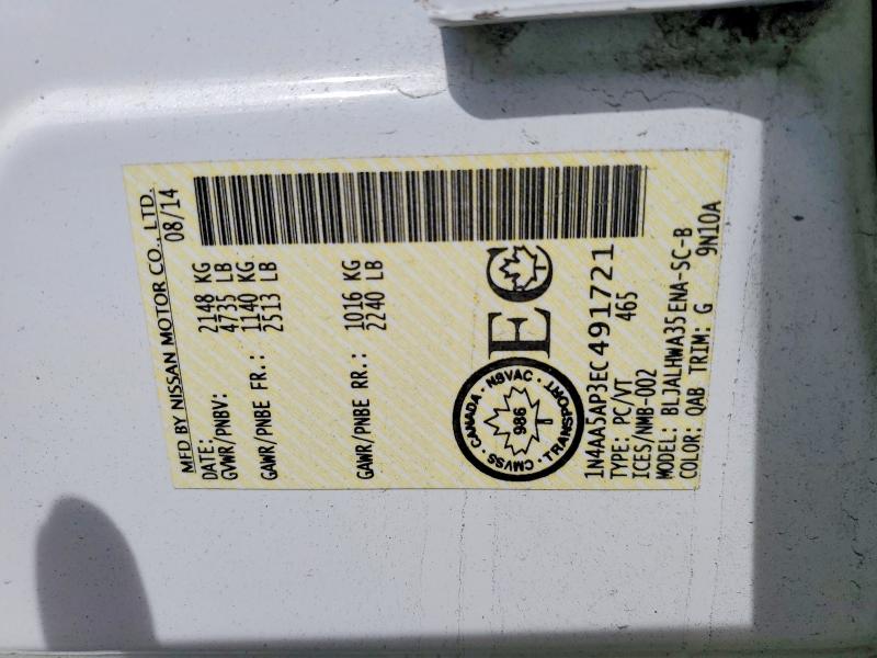 49054236 :رقم المزاد ، 1N4AA5AP3EC491721 vin ، 2014 Nissan Maxima مزاد بيع