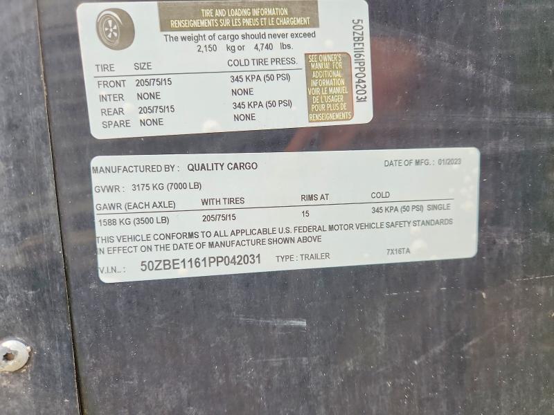 Продаж на аукціоні авто 2023 Quality Cargo Unknown, vin: 50ZBE1161PP042031, номер лоту: 47901036