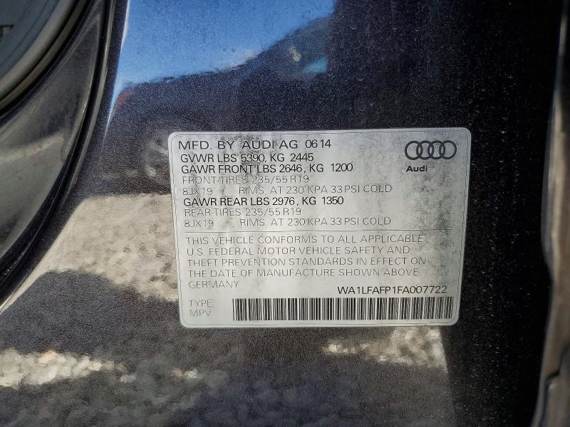 2015 Audi Q5 მანქანა იყიდება აუქციონზე, vin: WA1LFAFP1FA007722, აუქციონის ნომერი: 51159716