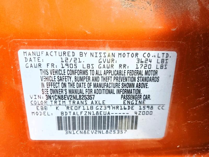 2022 Nissan Versa მანქანა იყიდება აუქციონზე, vin: 3N1CN8EV2NL825357, აუქციონის ნომერი: 48819086