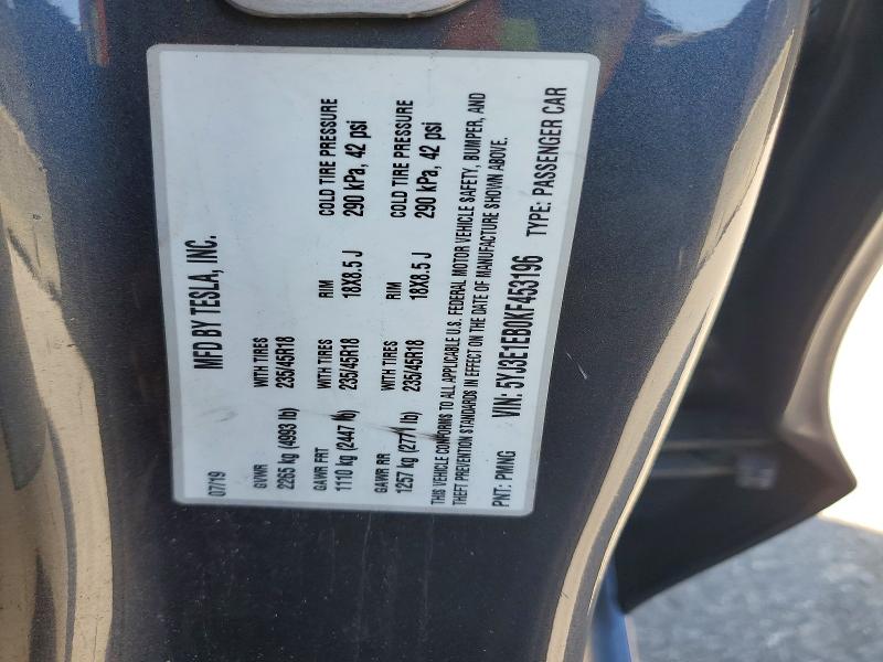 51067566 :رقم المزاد ، 5YJ3E1EB0KF453196 vin ، 2019 Tesla Model 3 مزاد بيع