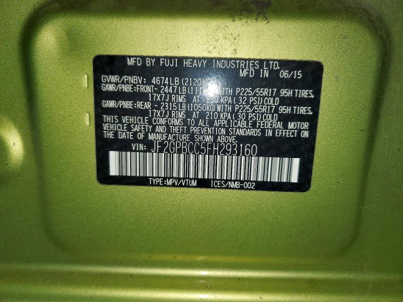 2015 Subaru Xv Crosstrek მანქანა იყიდება აუქციონზე, vin: JF2GPBCC5FH293160, აუქციონის ნომერი: 53530926