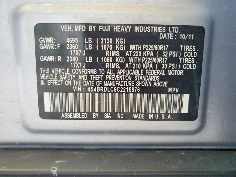 2012 Subaru Outback მანქანა იყიდება აუქციონზე, vin: 4S4BRDLC9C2215876, აუქციონის ნომერი: 51409416