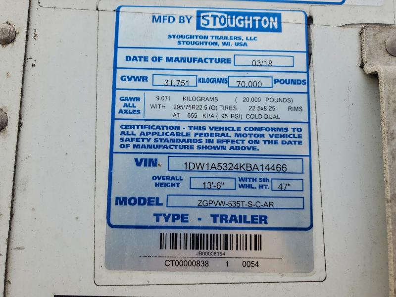48200886 :رقم المزاد ، 1DW1A5324KBA14466 vin ، 2019 Stoughton Trailers I مزاد بيع