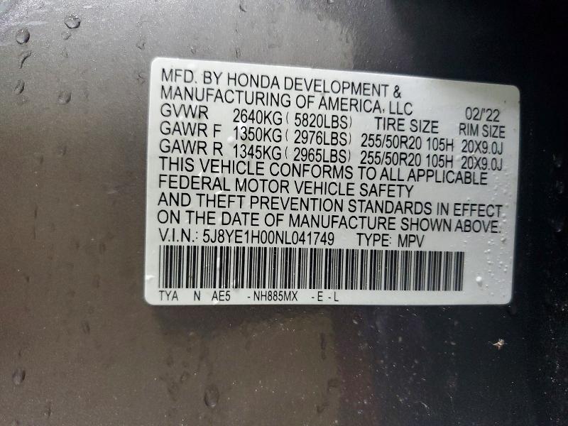 48692596 :رقم المزاد ، 5J8YE1H00NL041749 vin ، 2022 Acura Mdx مزاد بيع