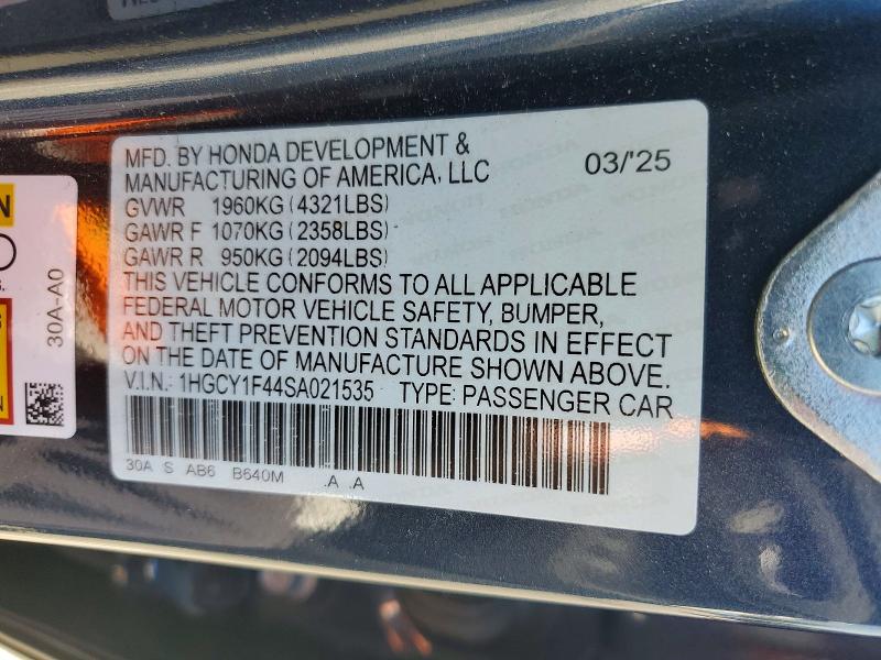 2025 Honda Accord მანქანა იყიდება აუქციონზე, vin: 1HGCY1F44SA021535, აუქციონის ნომერი: 49024966