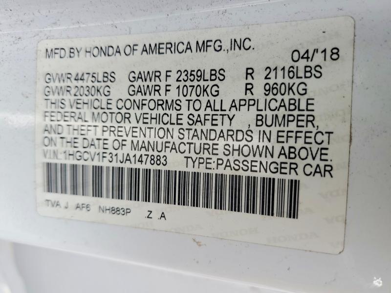 Aukcja sprzedaży 2018 Honda Accord, vin: 1HGCV1F31JA147883, numer aukcji: 47783806