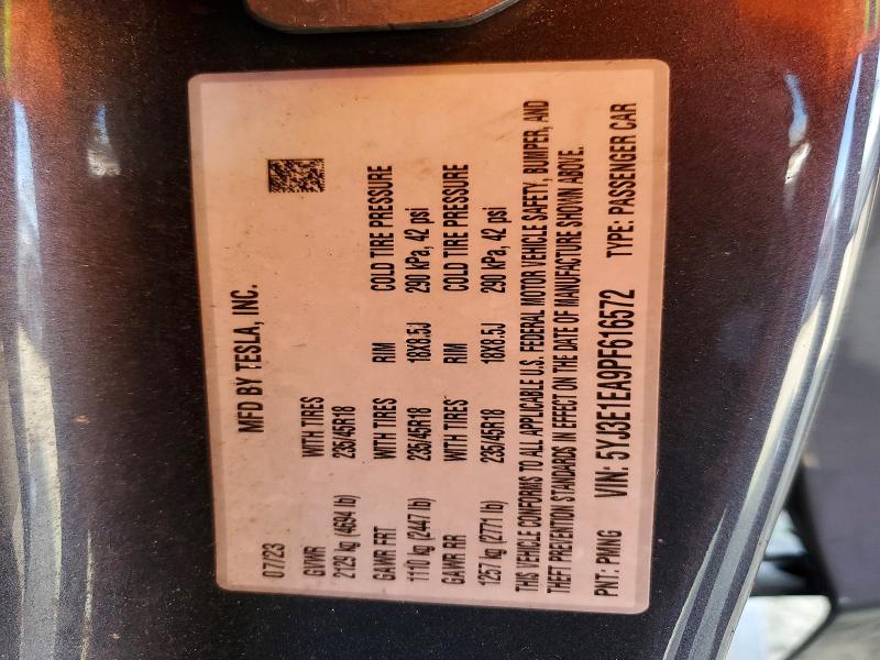 50919676 :رقم المزاد ، 5YJ3E1EA9PF616572 vin ، 2023 Tesla Model 3 مزاد بيع
