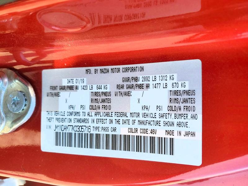 49222396 :رقم المزاد ، JM1NDAM77K0305716 vin ، 2019 Mazda Mx-5 Miata مزاد بيع