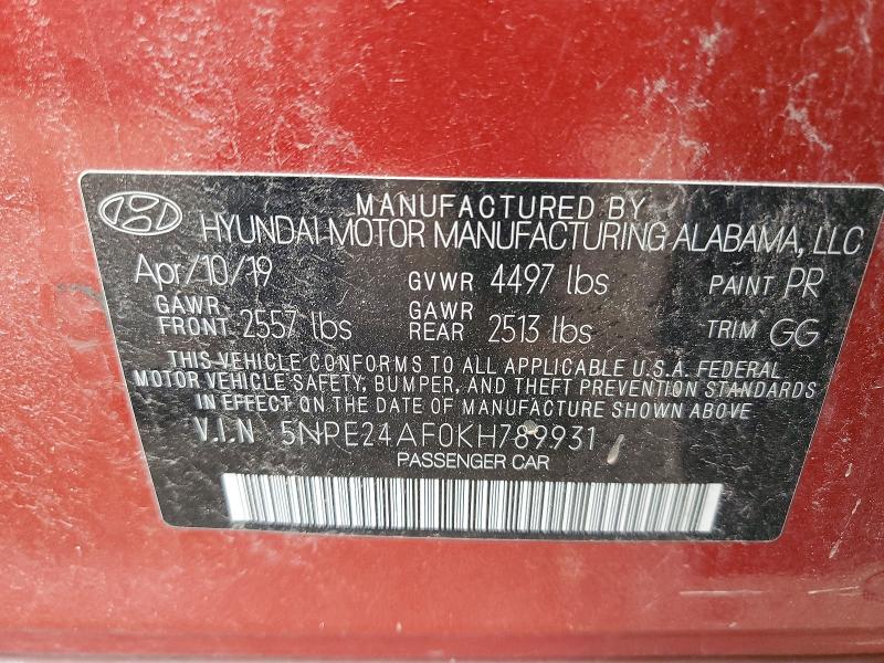 51098716 :رقم المزاد ، 5NPE24AF0KH789931 vin ، 2019 Hyundai Sonata مزاد بيع