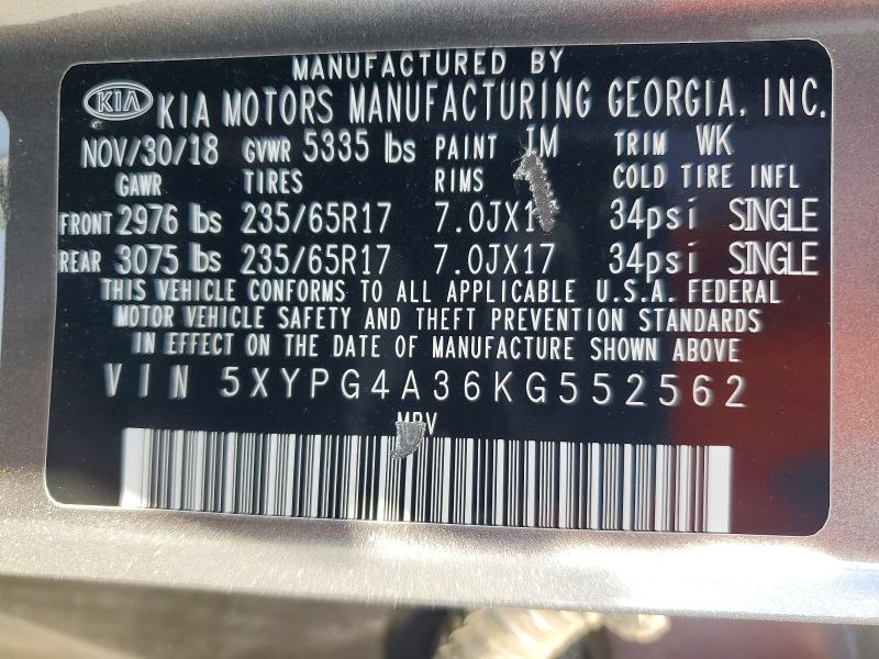 Продаж на аукціоні авто 2019 Kia Sorento, vin: 5XYPG4A36KG552562, номер лоту: 51665766