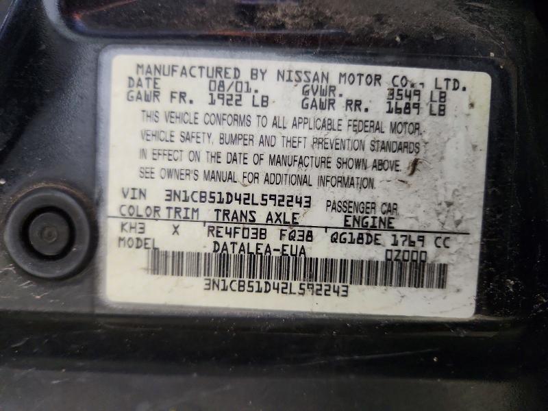 2002 Nissan Sentra მანქანა იყიდება აუქციონზე, vin: 3N1CB51D42L592243, აუქციონის ნომერი: 51038796