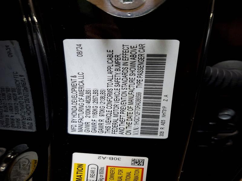 48121276 :رقم المزاد ، 1HGCY2F70RA086599 vin ، 2024 Honda Accord مزاد بيع