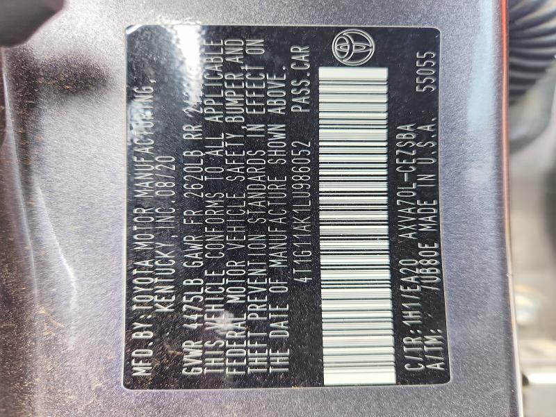 2020 Toyota Camry მანქანა იყიდება აუქციონზე, vin: 4T1G11AK1LU986052, აუქციონის ნომერი: 51004096
