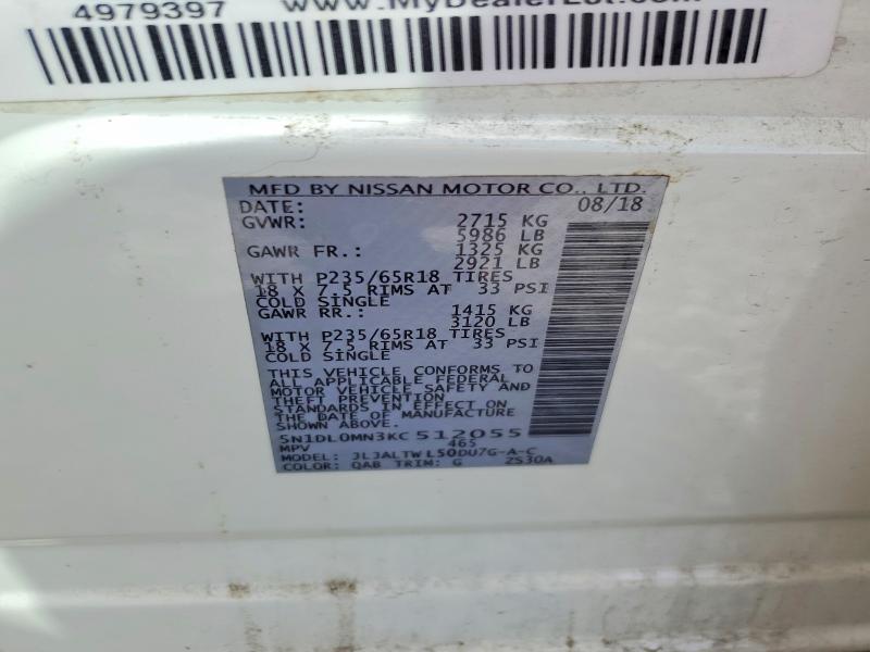 49760456 :رقم المزاد ، 5N1DL0MN3KC512055 vin ، 2019 Infiniti Qx60 مزاد بيع