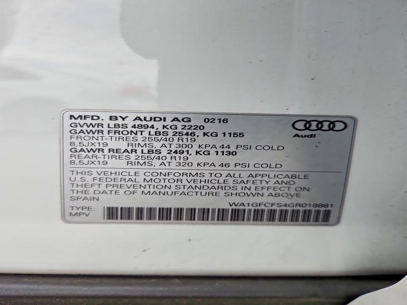 Aukcja sprzedaży 2016 Audi Q3, vin: WA1GFCFS4GR018881, numer aukcji: 50456306