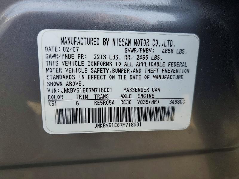 49853096 :رقم المزاد ، JNKBV61E67M718001 vin ، 2007 Infiniti G35 مزاد بيع