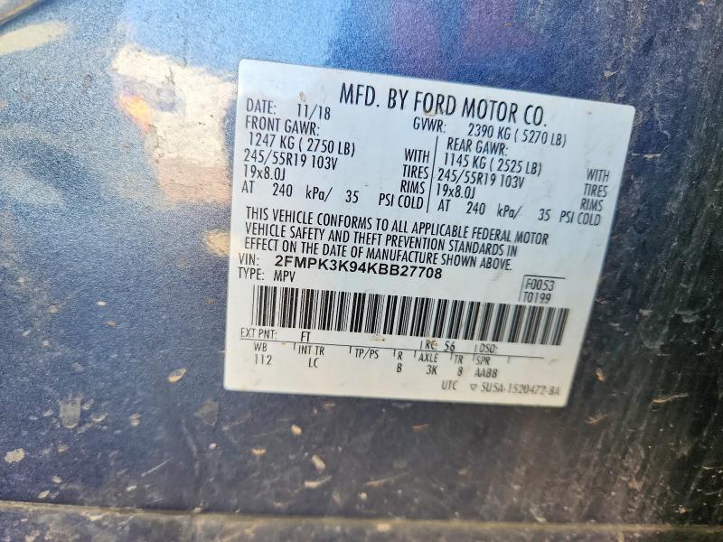 2019 Ford Edge მანქანა იყიდება აუქციონზე, vin: 2FMPK3K94KBB27708, აუქციონის ნომერი: 49665946