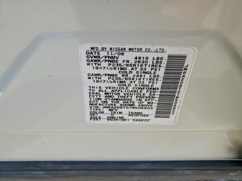 Aukcja sprzedaży 2007 Nissan Murano, vin: JN8AZ08T07W506903, numer aukcji: 51006486