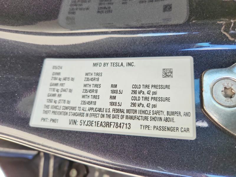 Продажа на аукционе авто 2024 Tesla Model 3, vin: 5YJ3E1EA3RF784713, номер лота: 49658486