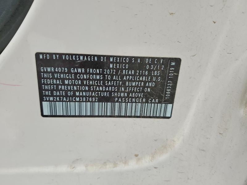 Aukcja sprzedaży 2012 Volkswagen Jetta, vin: 3VW2K7AJ1CM387692, numer aukcji: 50701946