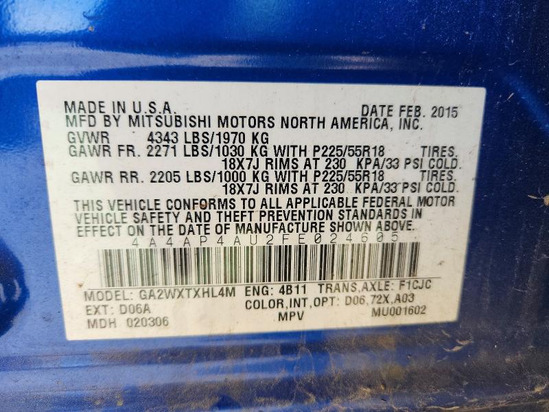 Продаж на аукціоні авто 2015 Mitsubishi Outlander Sport, vin: 4A4AP4AU2FE024605, номер лоту: 48882896