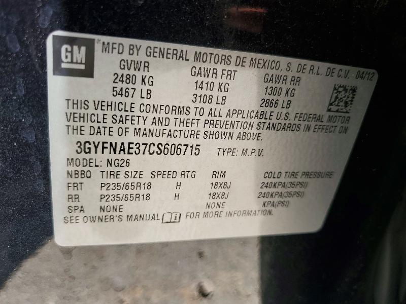 48822526 :رقم المزاد ، 3GYFNAE37CS606715 vin ، 2012 Cadillac Srx مزاد بيع