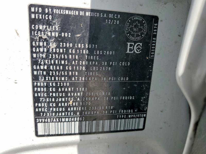 2021 Volkswagen Tiguan მანქანა იყიდება აუქციონზე, vin: 3VV4B7AX1MM048062, აუქციონის ნომერი: 46455176