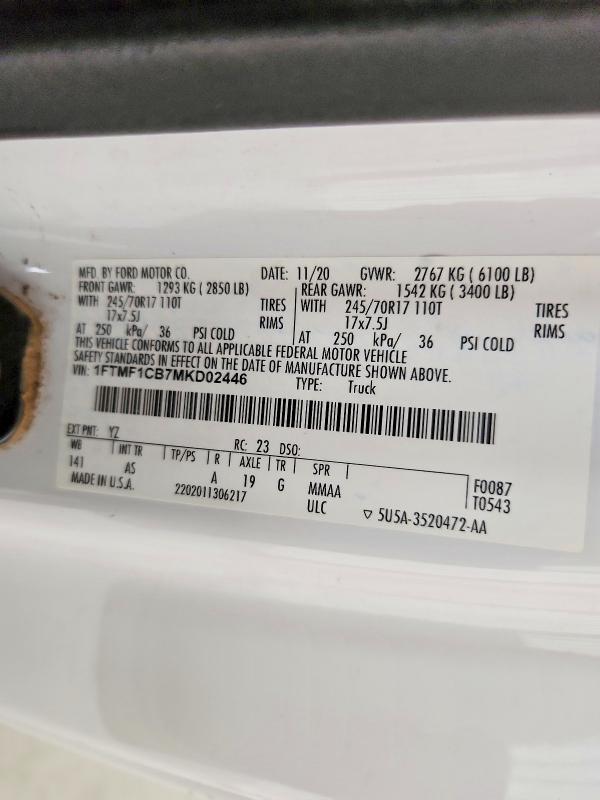 Aukcja sprzedaży 2021 Ford F150, vin: 1FTMF1CB7MKD02446, numer aukcji: 49334636