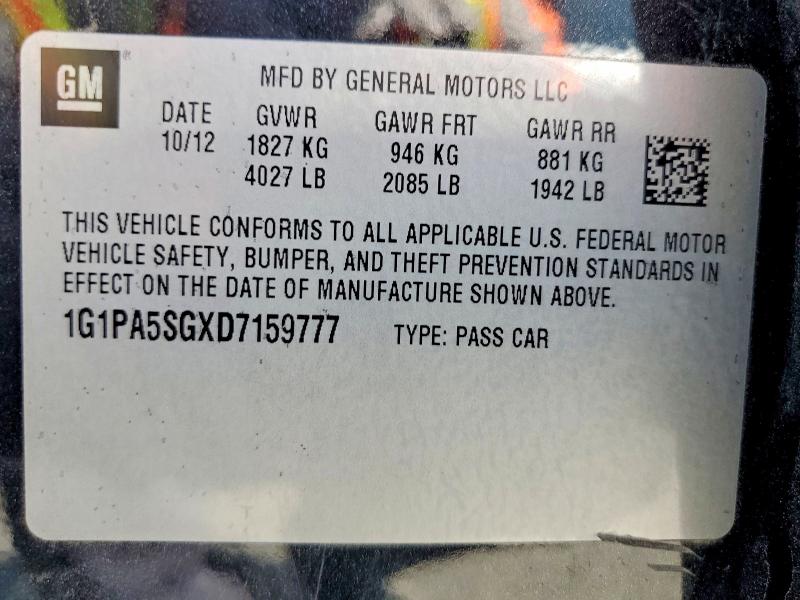 2013 Chevrolet Cruze მანქანა იყიდება აუქციონზე, vin: 1G1PA5SGXD7159777, აუქციონის ნომერი: 49954196