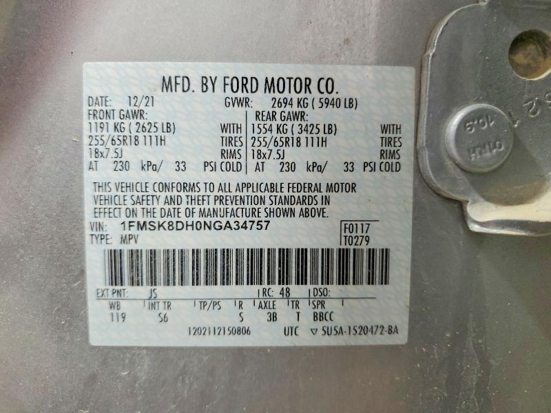 Aukcja sprzedaży 2022 Ford Explorer, vin: 1FMSK8DH0NGA34757, numer aukcji: 50625216