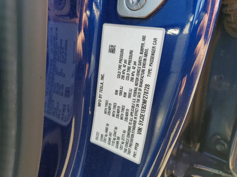 49724946 :رقم المزاد ، 5YJ3E1EB2NF278728 vin ، 2022 Tesla Model 3 مزاد بيع