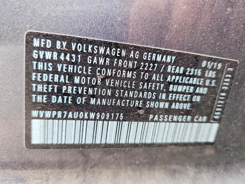 51118046 :رقم المزاد ، WVWPR7AU0KW909175 vin ، 2019 Volkswagen E-golf مزاد بيع